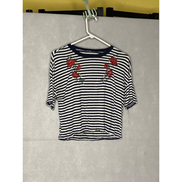 Kendall and Kylie Womens Striped Floral Embroidered T Shirt Size S Navy White - Picture 1 of 5